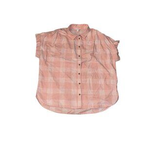 Time And Tru Womens Pink Plaid Short Sleeve Button-Up Shirt L (12-14) Linen Blen
